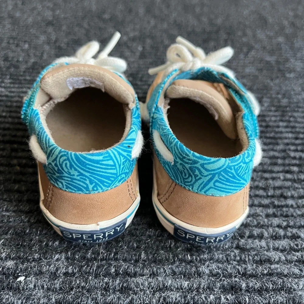Sperry Intrepid Crib Jr Boat Shoes Infant 4M Tan Blue Leather Wave Pattern